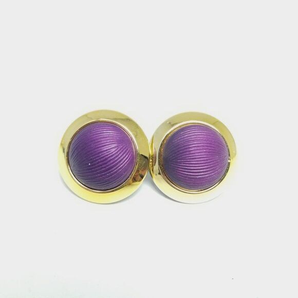 Vintage Purple and Gold Tone Dome Stud Earrings, Retro 80s Style, Estate - Picture 5 of 5